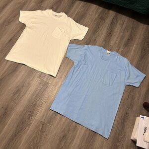 (2) 1980s 80s Fruit Of The Loom Blank Short Sleeve Shirts Sz XL White Blue 90s